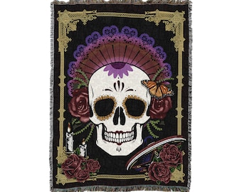 Día de los Muertos Mexico Blanket, Spanish Inspired Pattern, Textured Woven Throw 100% Cotton Made in USA 72x54