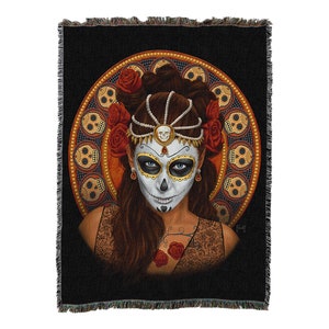 Fantasy Day of The Dead Sugar Skull - Mitch Foust - Cotton Woven Blanket Throw - Made in The USA (72x54)