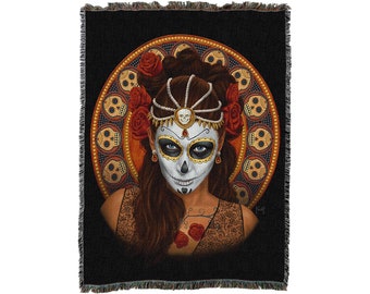Fantasy Day of The Dead Sugar Skull - Mitch Foust - Cotton Woven Blanket Throw - Made in The USA (72x54)