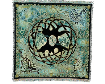 Irish Celtic Tree of Life Woven Tapestry Tira Manta por Jen Delyth, Soft Artistic Textured Design 100% Cotton Made in USA 54x54