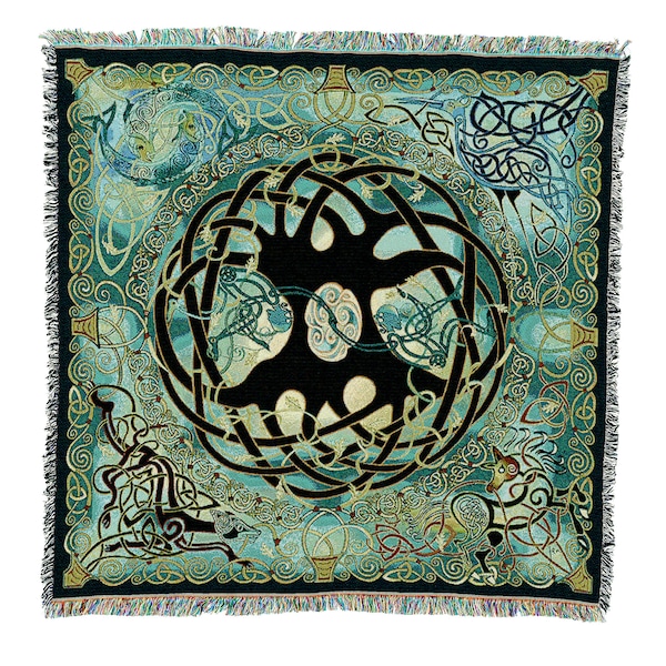 Irish Celtic Tree of Life Woven Tapestry Throw Blanket by Jen Delyth, Soft Artistic Textured Design 100% Cotton Made in USA 54x54