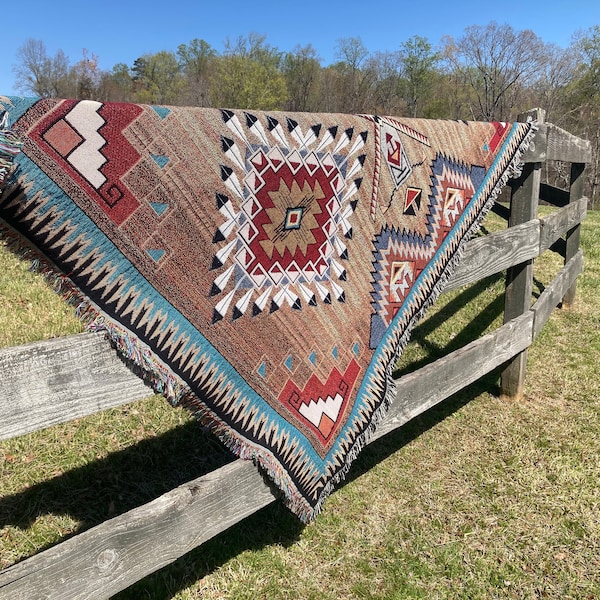 Brazos Southwest Woven Tapestry Blanket, Native American Inspired Pattern, Tribal Camp Throw Cotton Made in USA 72x54