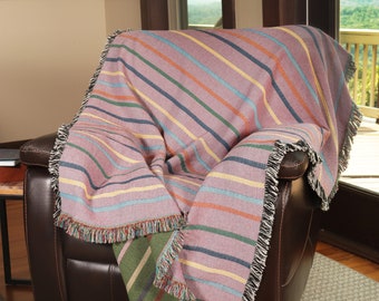 Pink or Green with Multi Pinstripe Reversible Cotton Woven Throw Blanket - Made in The USA (72x54)