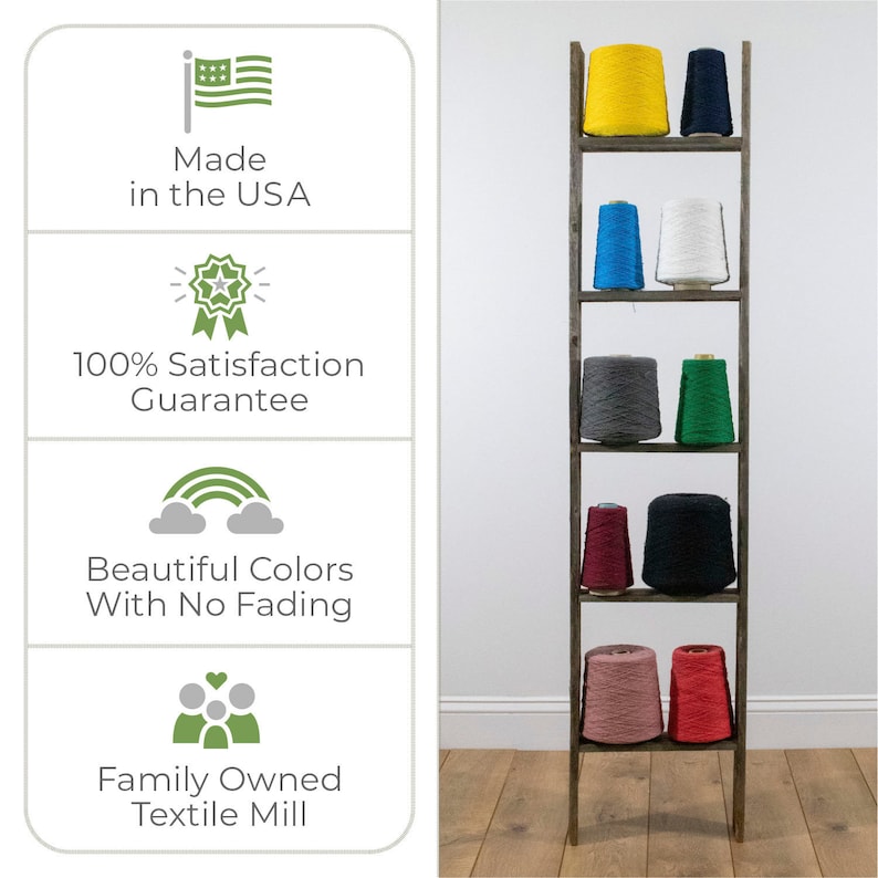 May include: A wooden ladder shelf with eight spools of yarn in various colors, including yellow, blue, white, gray, green, red, and pink. The shelf is made in the USA and has a 100% satisfaction guarantee. The yarn is made with beautiful colors that do not fade.