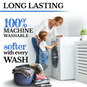 May include: A woman and child are shown near a white washing machine. The image includes text that reads "LONG LASTING", "100% MACHINE WASHABLE", and "softer with every WASH". Baskets of folded blankets and towels are in the foreground.