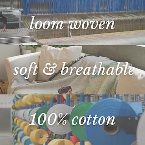 May include: Image showcasing the process of creating a textile. The top section shows a loom in operation. The middle section displays a soft, breathable blanket on a couch. The bottom section highlights spools of 100% cotton thread.