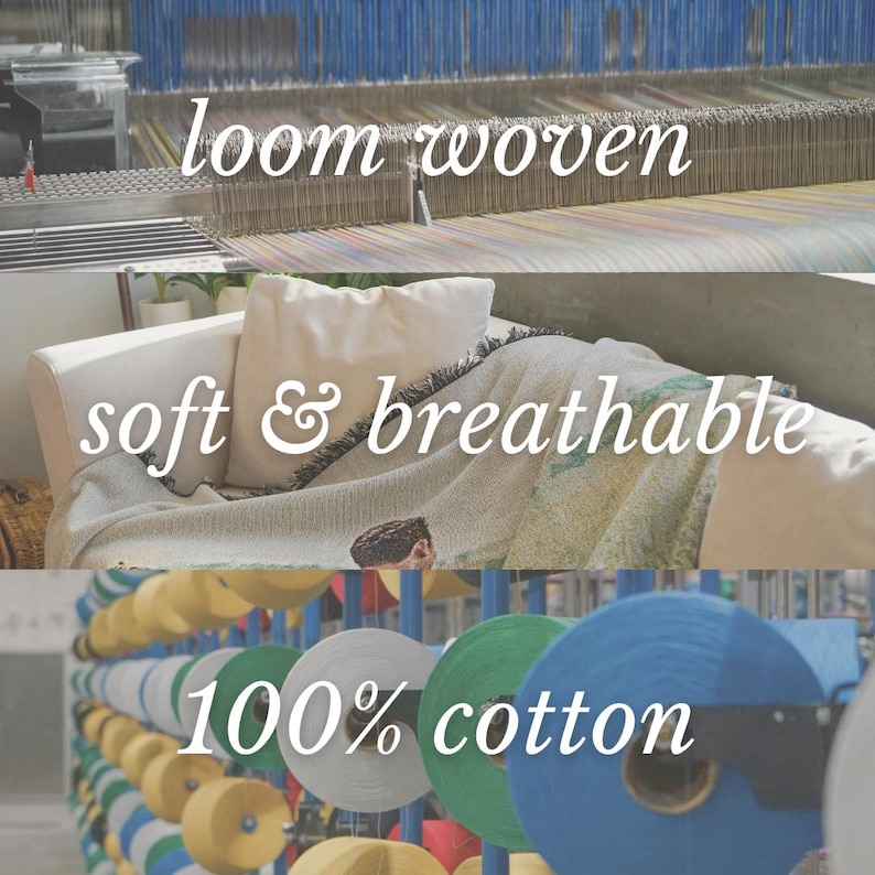 May include: Image showcasing the process of creating a textile. The top section shows a loom in operation. The middle section displays a soft, breathable blanket on a couch. The bottom section highlights spools of 100% cotton thread.