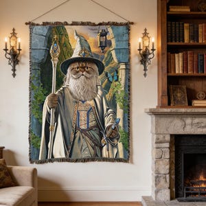 May include: A tapestry featuring a cat dressed as a wizard, holding a staff and a sword. The cat wears a hat and a long beard. The background depicts a landscape with arches, a lantern, and a blue butterfly. The tapestry is hanging on a wall.