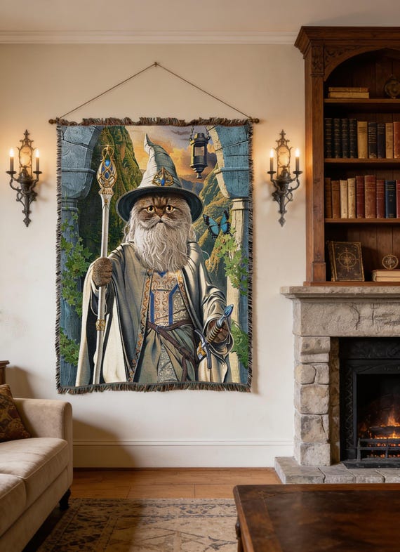 Catdalf the White Def Blanket by Vincent HIE - Lord of The Rings Movie Parody - Tapestry Throw Woven from Cotton - Made in The USA (72x54)