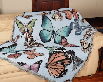 Manta con diseño de mariposas en el cielo, manta tejida 100 % algodón, fabricada en EE. UU., 72 x 54
