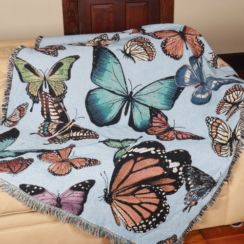 Colorful Butterflies Tapestry Throw Woven Blanket 100 Cotton Etsy
