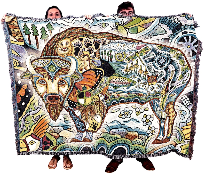 Bison Woven Tapestry Blanket, Native American Inspired, Pacific Northwest Totem Throw by Sue Coccia 100% Cotton Made in USA 72x54 image 2