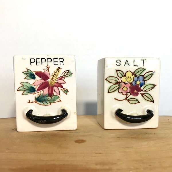 Salt and Pepper Shakers Shaker Set Made in Japan Ceramic Flowers Floral Drawers Handles