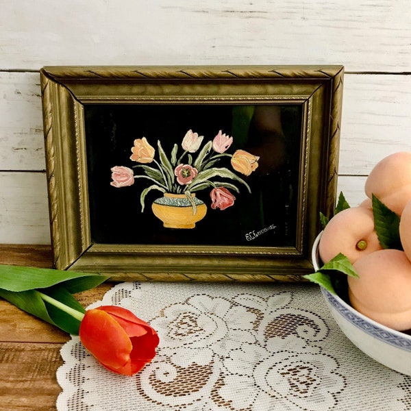 1930s to 1950s Phillips Toronto Framed Painting on Glass Tulips in Bowl Vase Signed by Artist Greensides Spring Flowers Pink Peach Orange