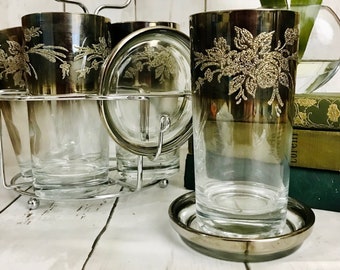 Set of 4 Silver Ombre Cocktail Glasses Coasters Caddy MCM 1950s 1960s Mid Century Highball Bare Ware Roses Floral Silver Anniversary Vintage