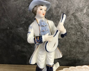 Ceramic Colonial Man Figurine Playing Mandolin Blue White