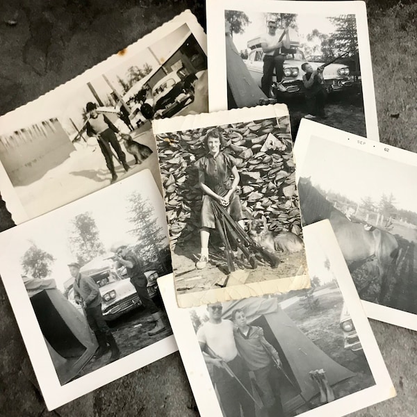 Lot of 6 Black & White Photos Rifles Guns Vintage Photographs Man Horse Woman Dog Woodpile Hunting Shooting Shotgun 1960s  Vintage Snow