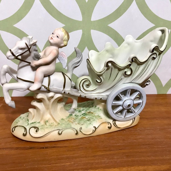 Occupied Japan Bisque Carriage Angel on Horseback Horse Cherub Mid-century 1940s 1950s Vintage Planter Figurine Has Damage