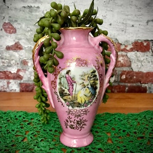 George et Martha Deux poignées Vase Giftcraft Made In Japan Pink Gold Accents Roses Fleurs Romantique Couple Homme Femme vintage 1960s