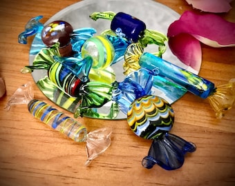 Vintage Lot of 10 Murano Style Blown Glass Wrapped Art Glass Candy Pieces