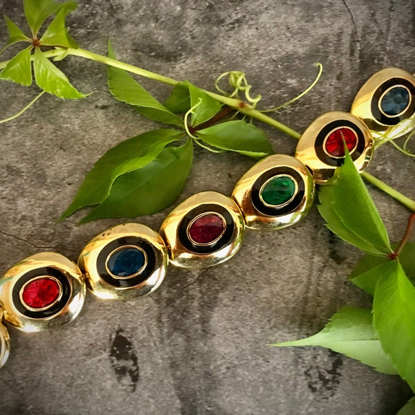 Vintage Oval Link Bracelet Metal Goldtone Gold Multi-colour Multi-color Stones Red Blue Purple Green Black Jewelry Jewellery