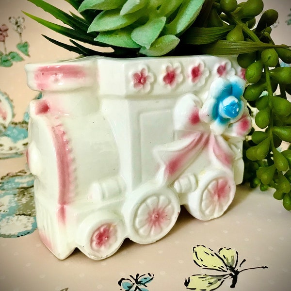 Train Engine Nursery Planter Ceramic Vintage Pink White Baby Shower Mom to Be Gift Baby's Child's Child Room Bedroom Decor