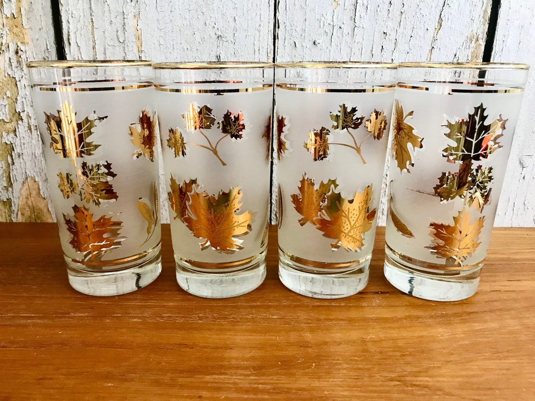 Set of 4 Libbey Frosted Highball Glasses Gold Maple Leaves Leaf Tumbler