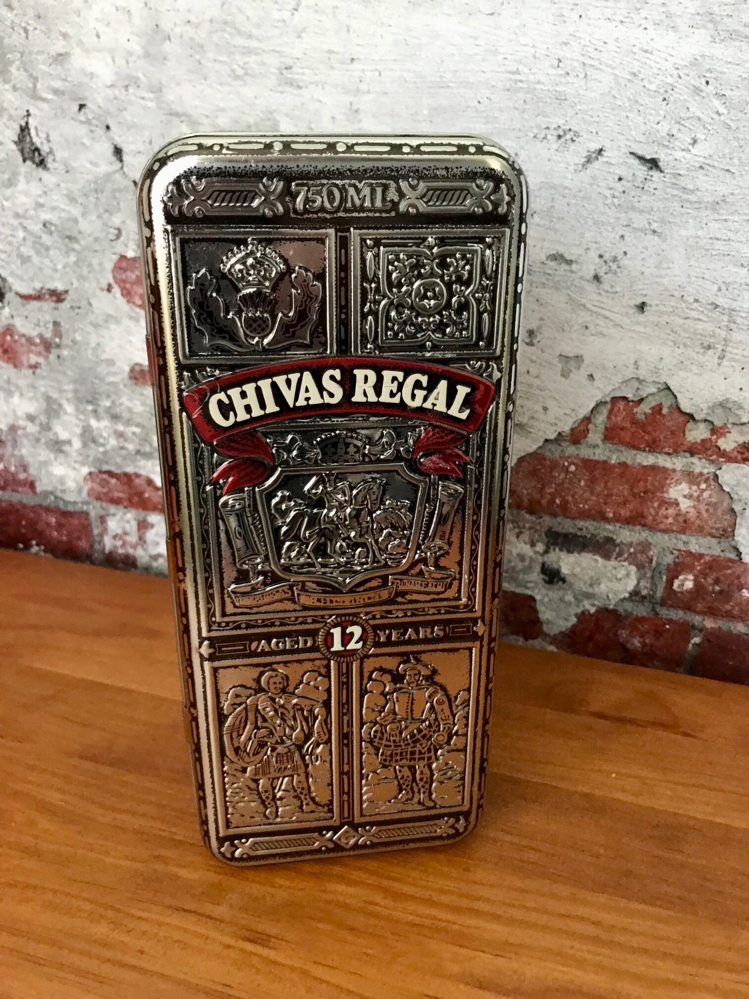 1980s Embossed Chivas Regal 12 Year Whisky Empty Hinged Tin 1980s Embossed Chivas Regal 12 Year Whisky Empty Hinged Tin
