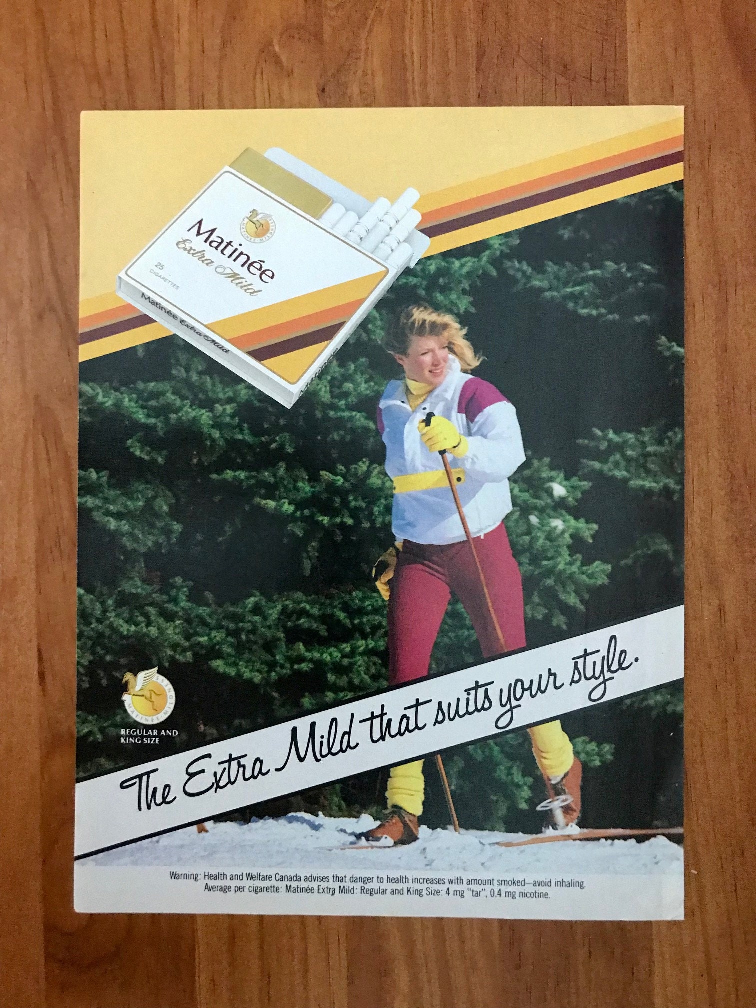 1985 Matinee Extra Mild Cigarettes Tobacco Original Magazine Cigarette Ad  Canadian Living 1980s Woman Cross-country Skiing Winter Vintage