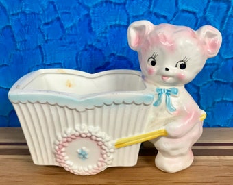 Kitsch Teddy Bear with Cart Planter Made in Japan Vintage Ceramic Baby Nursery Baby Shower Anthropomorphic