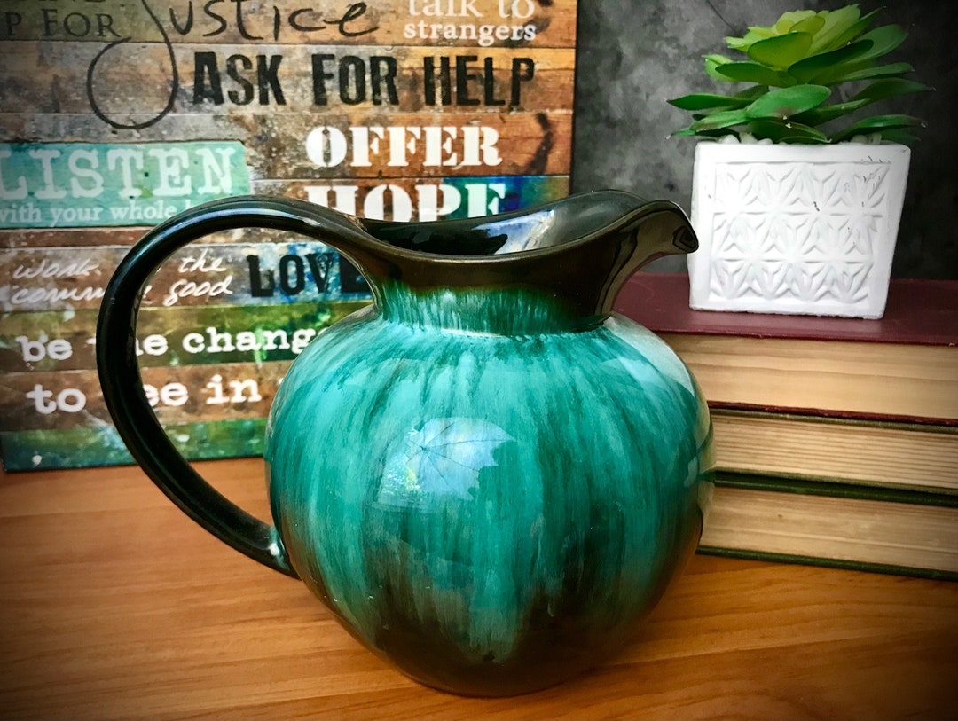 Blue Mountain Pottery Jug Pitcher Vase With Handle Green Drip Etsy