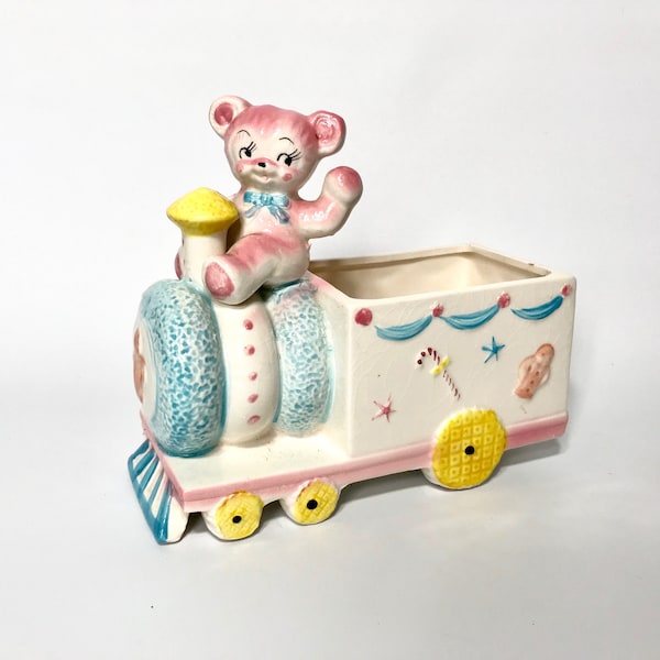 Large Anthropomorphic Pink Teddy Bear Train Engine Kitsch 1960 Samson Import Co Nursery Baby Planter Relpo Made in Japan Mid-century Vintage