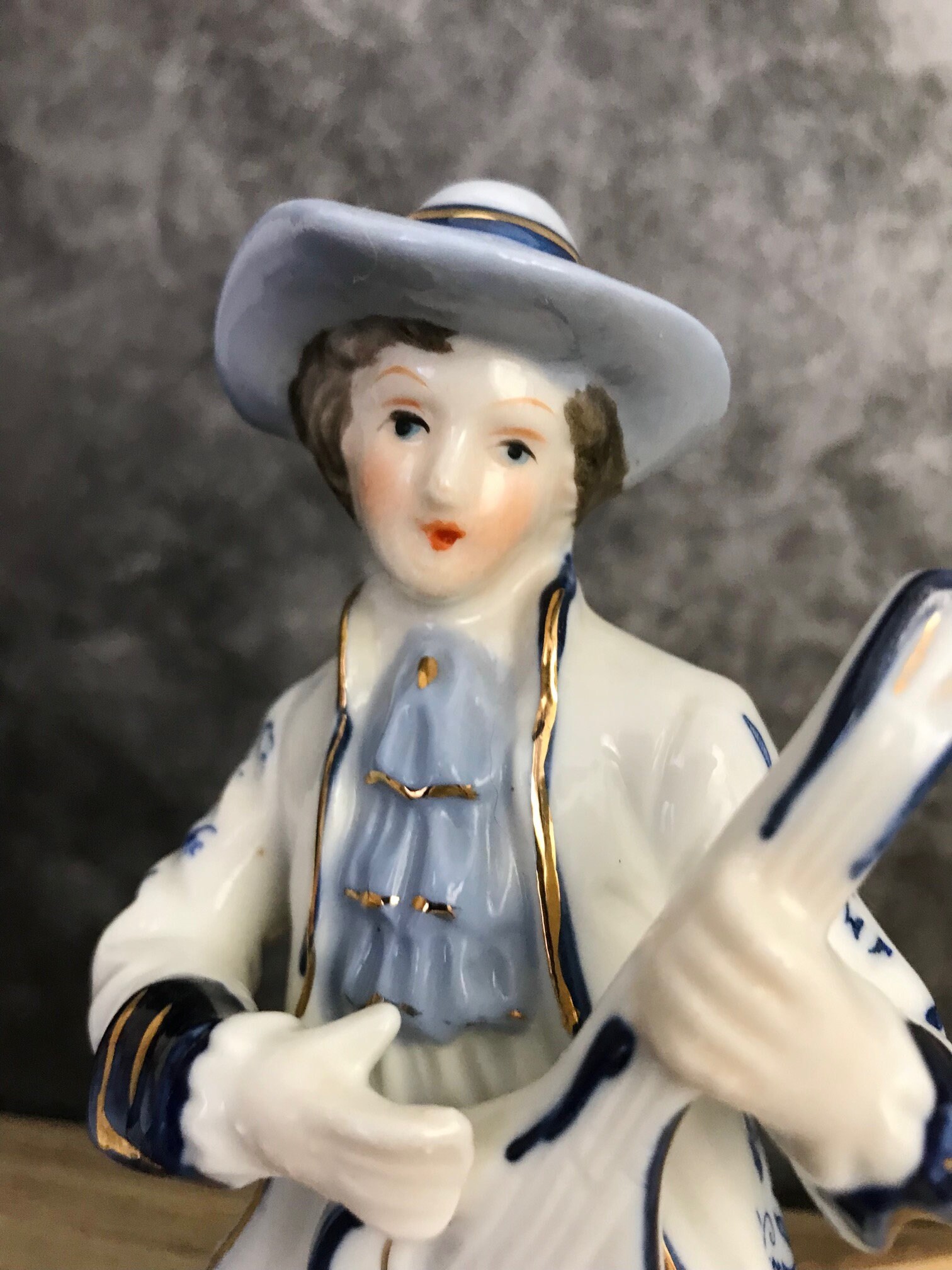Ceramic Colonial Man Figurine Playing Mandolin Blue White