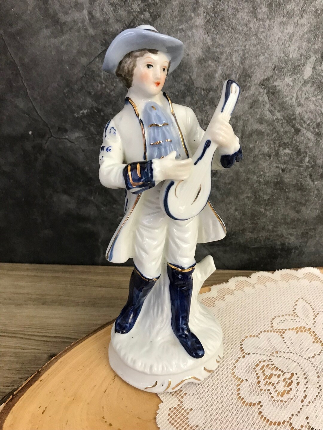 Ceramic Colonial Man Figurine Playing Mandolin Blue White