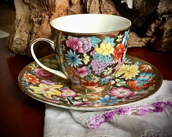 Hand Made Fifth Avenue Teacup and Saucer Set Chintz Floral Flowers Gold Background Pink Yellow Blue Purple Vintage Gorgeous Tea Cup Party