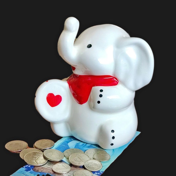 Ceramic Elephant Coin Piggy Bank White Trunk Up Drum Red Heart Rubber Stopper Vintage Adorable Prosperity Good Luck Kindness