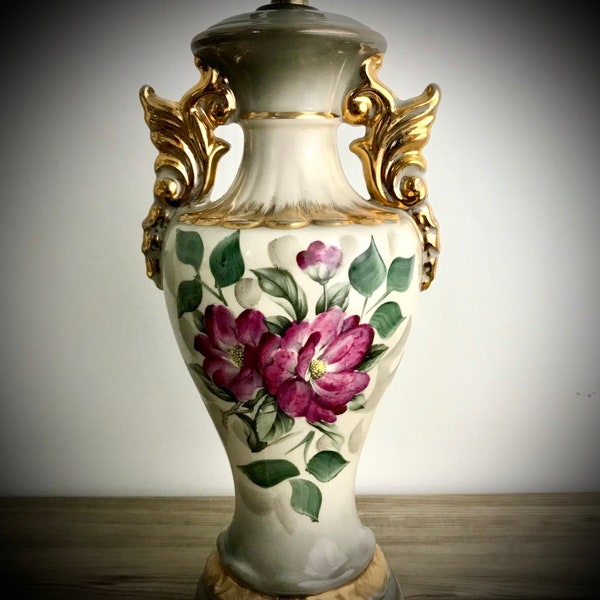 Exquisite Richard Singer and Sons Ceramic Lamp Painted Roses Pink Gold Grey Mid-century Portable Electric Working Floral 1940s - 1950s