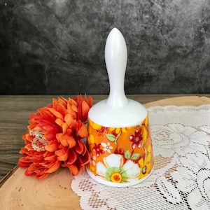 Ceramic Bell Vintage Orange Yellow White Flowers Floral Mums Boho 70s Groovy Retro Flower Power 3778 1960s 1970s