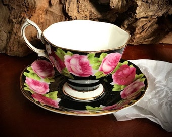 Royal Albert Old English Rose Teacup Saucer Black Pink Roses Flowers Rare Design Vintage Tea Cup English Scalloped Rim