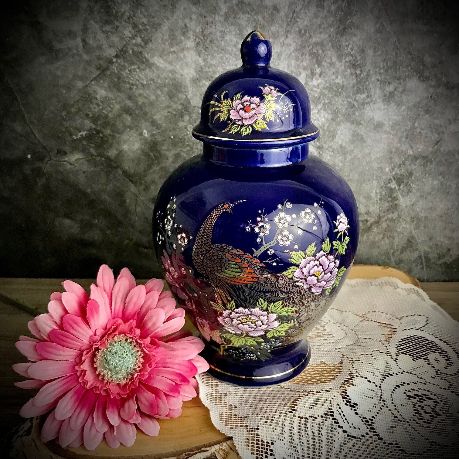 Cobalt Japan Ginger Jar Peacock Cobalt Blue Pink Flowers Peonies White  Blossoms Gold Accents Lidded Lid Vintage Asian Decor Urn Vase 8.25 -   Canada