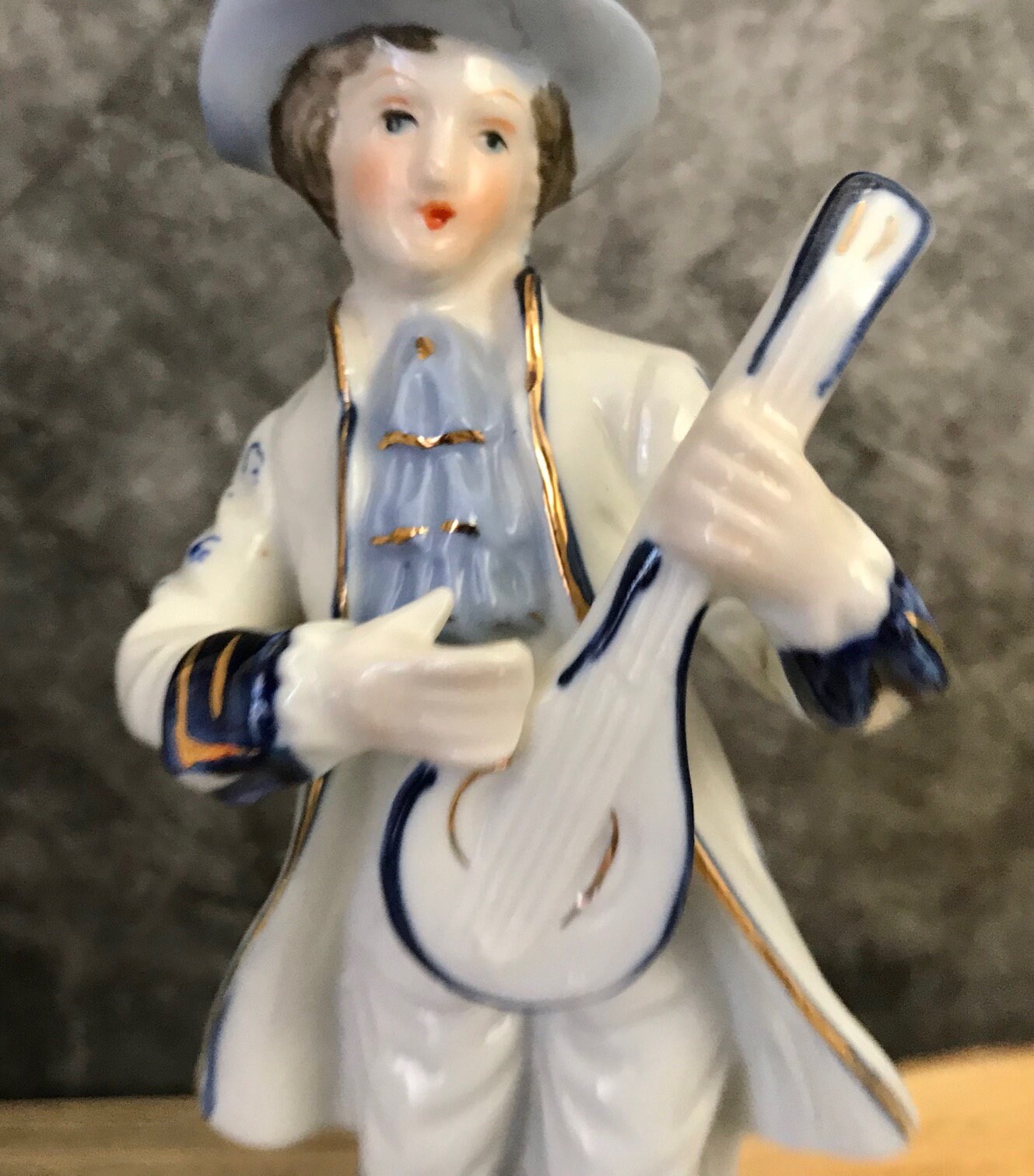 Ceramic Colonial Man Figurine Playing Mandolin Blue White