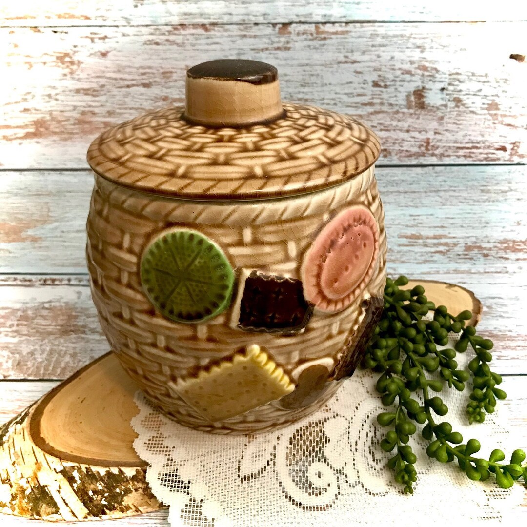 Made in Japan Vintage Ceramic Cookie Biscuit Jar Basket Weave 1960s Mid — free download