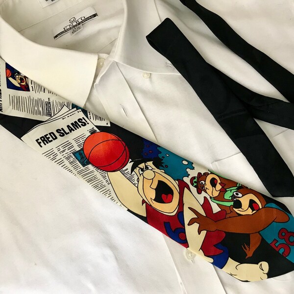 1994 Fred Flintstone Basketball Yogi Bear Magilla Gorilla Tie Necktie Hand Made Korea Hanna Barbera Cartoon Characters Air Fred Vintage