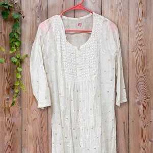 White Lucknowi Chikankari hand embroidery A-line Nyra cut kurti ONLY FREE Ship in USA