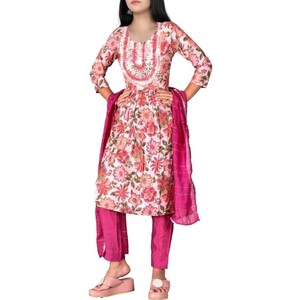 Printed Muslin cotton embroidered yoke neckline kurti pant dupatta 3 pc set