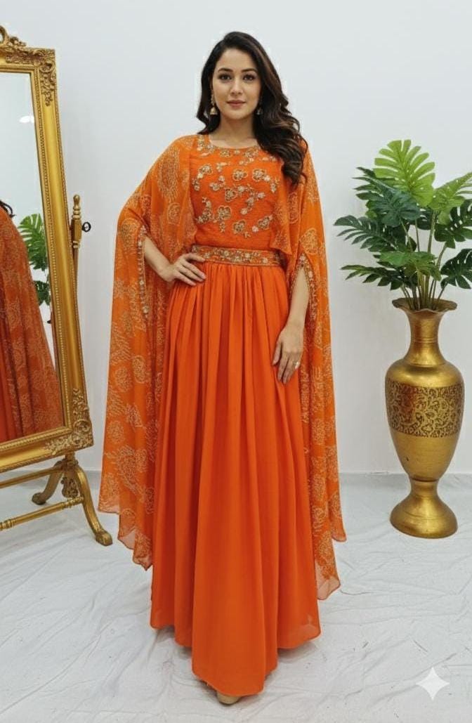 open lace back dress Orange Chinon Indo Western Set with Zardosi Work main image 1