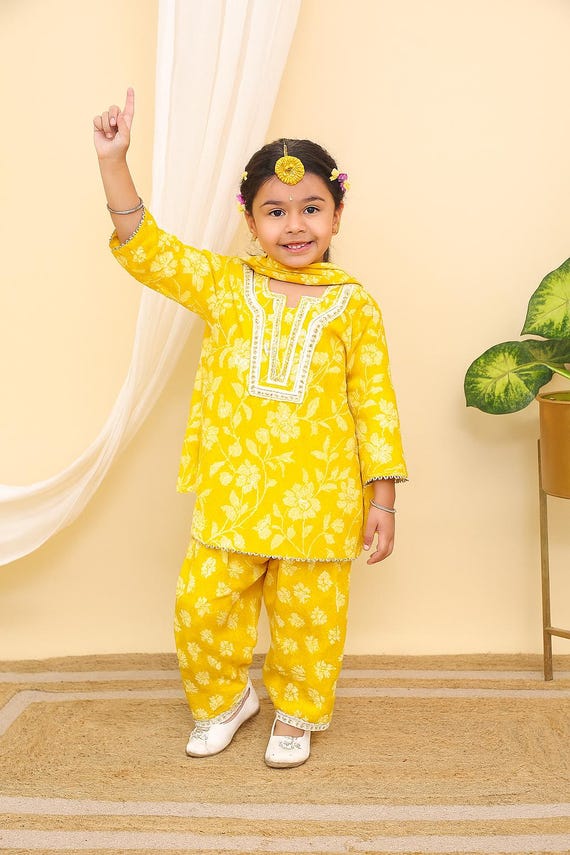 Girls' Gota Lace Kurti Set: Printed Cambric Cotton Ethnic Wear