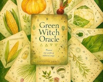 May include: An illustrated Green Witch Oracle deck with a central card featuring the title and author. Surrounding cards depict various vegetables and botanical elements, all set against a green, leafy background.