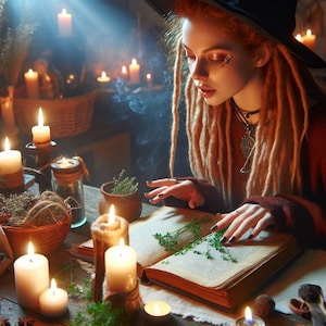 Puede incluir: Una mujer con rastas rojas y un sombrero de bruja negro estudia un libro abierto sobre una mesa de madera. Velas encendidas y hierbas rodean el libro, creando una atmósfera mística. La escena evoca una sensación de magia y hechizos.