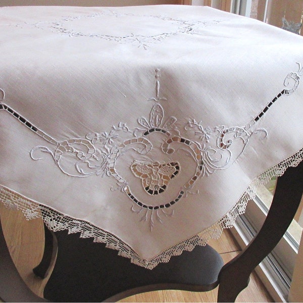 Fine Linen Tablecloth Vintage Hand Made Lace Inserts